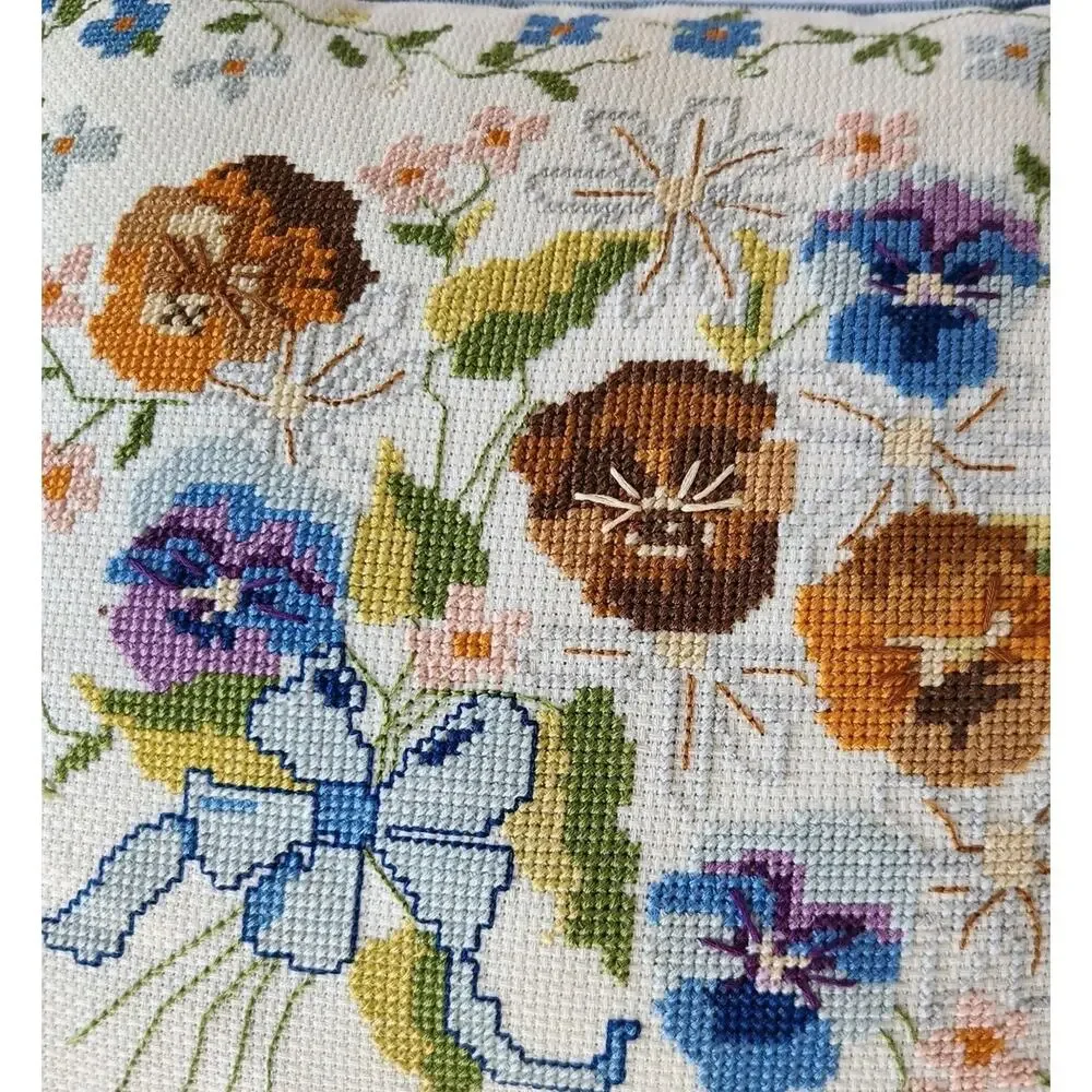 Vintage Hand Embroidered Needlepoint Granny Cottagecore Floral Throw Pillow